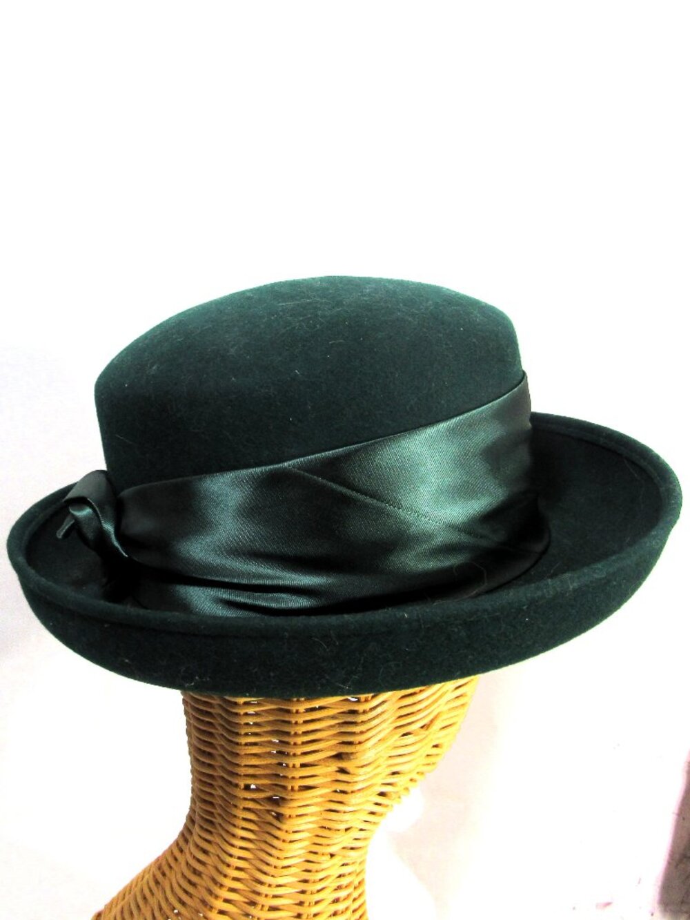 VINTAGE CLASSY ITALIAN WOOL HAT DEEP GREEN + SATIN BAND Sz 7.5